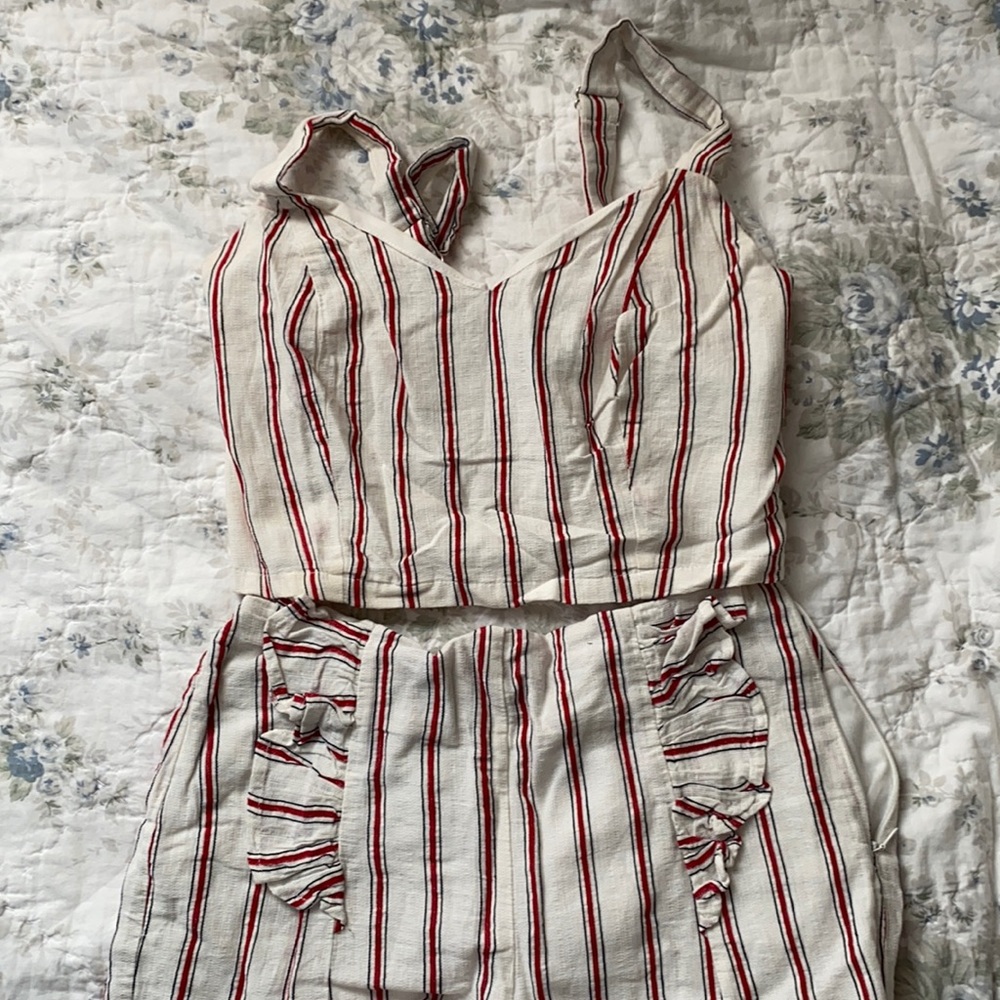 Red blue and cream striped two-piece